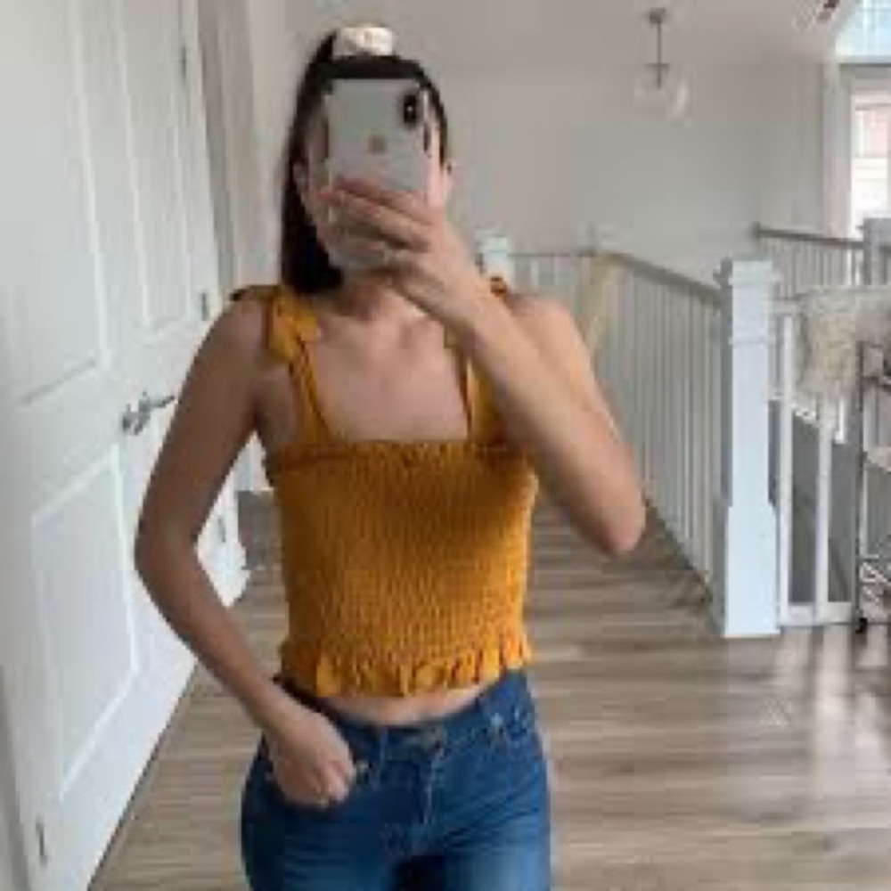 Kendall and Kylie Yellow Smocked Tie Crop Top